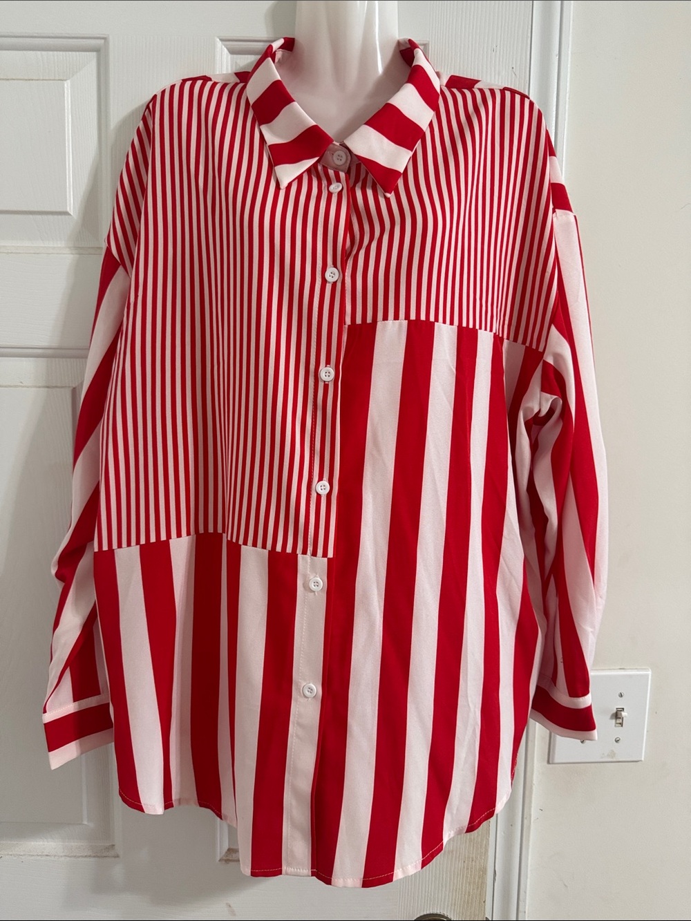 SHEIN Red & White Mixed Stripe Button-Down Shirt